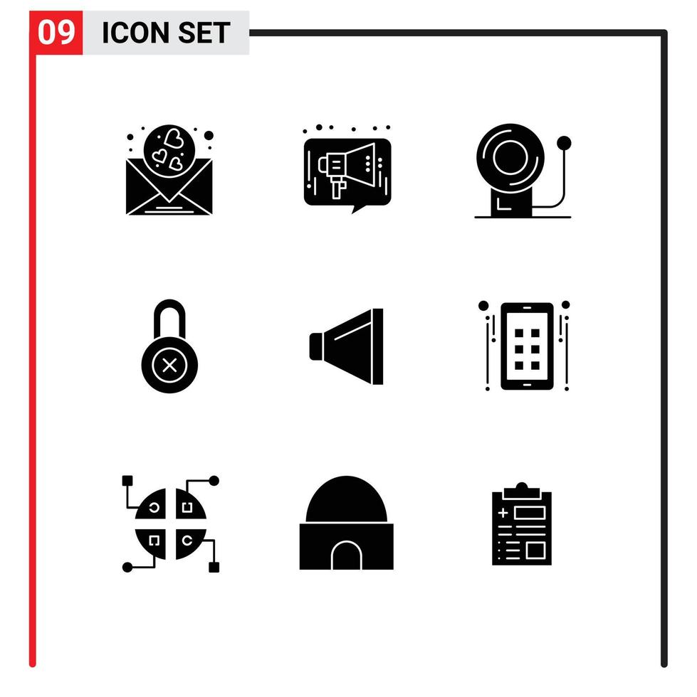 Modern Set of 9 Solid Glyphs and symbols such as volume sound social protection lock Editable Vector Design Elements