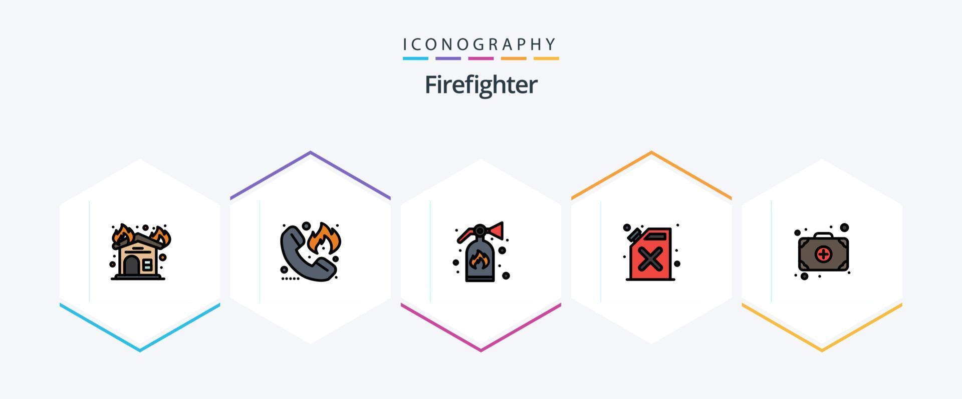 Firefighter 25 FilledLine icon pack including doctor. bag. hotline. fire. barrel vector