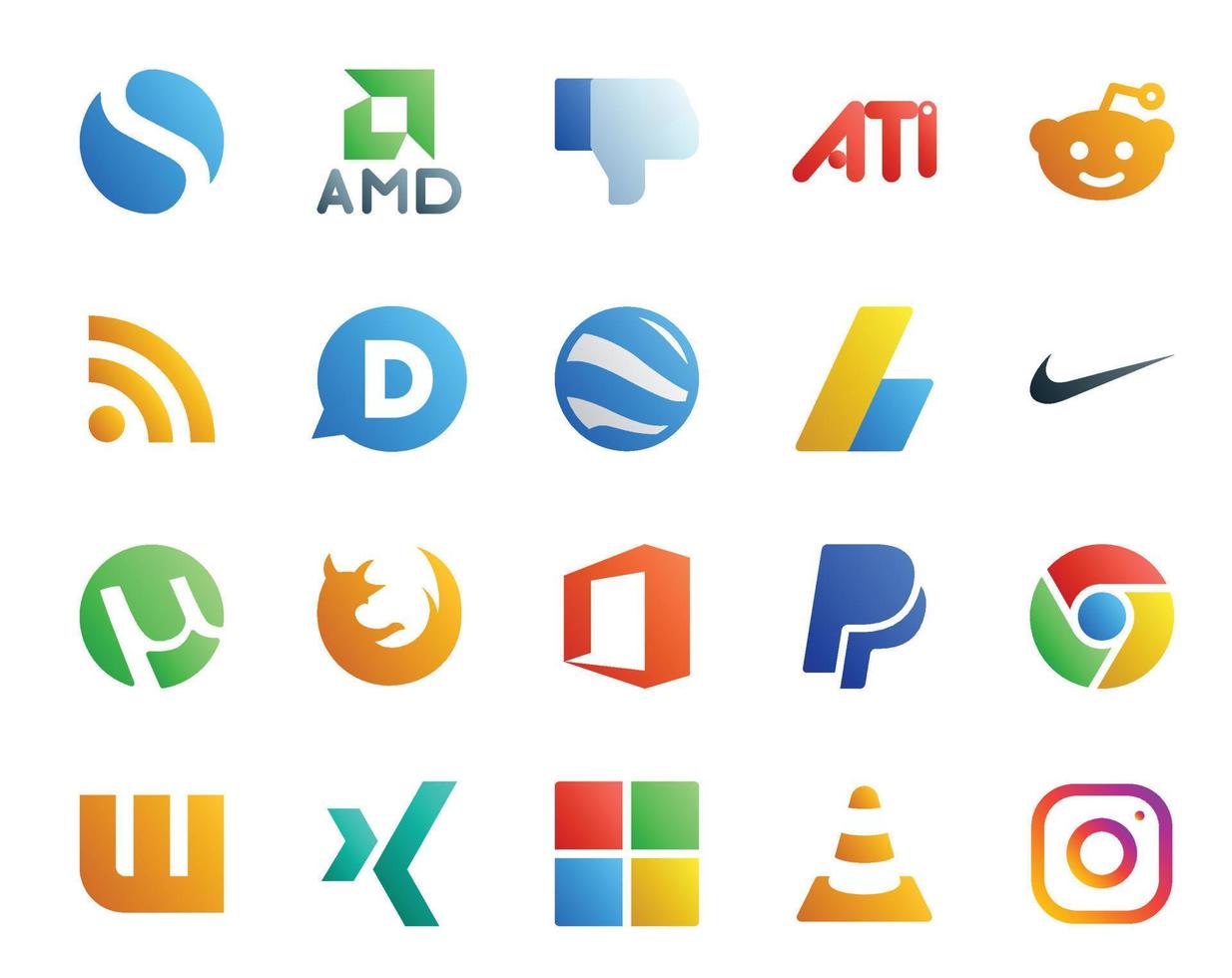 20 social medios de comunicación icono paquete incluso Wattpad paypal adsense oficina Firefox vector