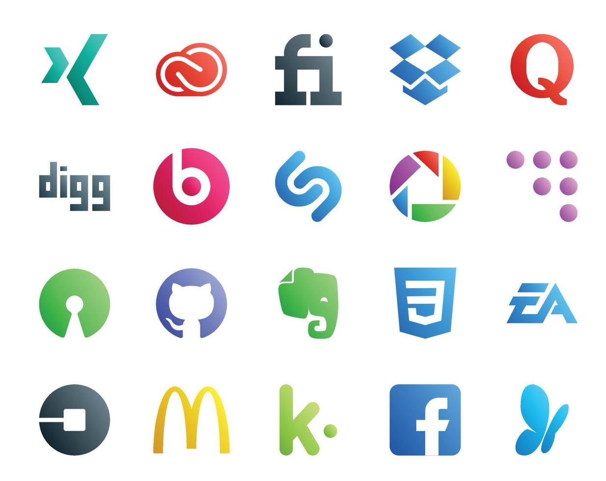 20 social medios de comunicación icono paquete incluso electrónica letras evernote cavar github muro de codificación vector