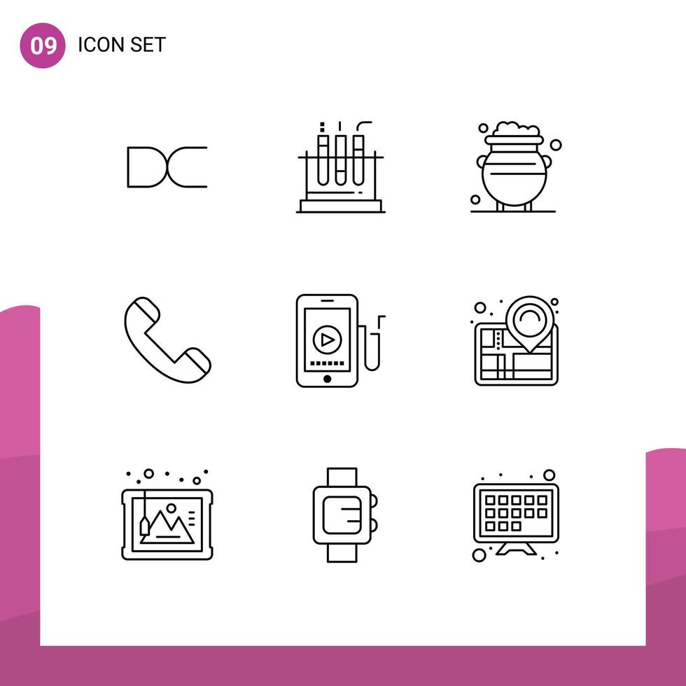 Pack of 9 Modern Outlines Signs and Symbols for Web Print Media such as music phone fortune contact money Editable Vector Design Elements