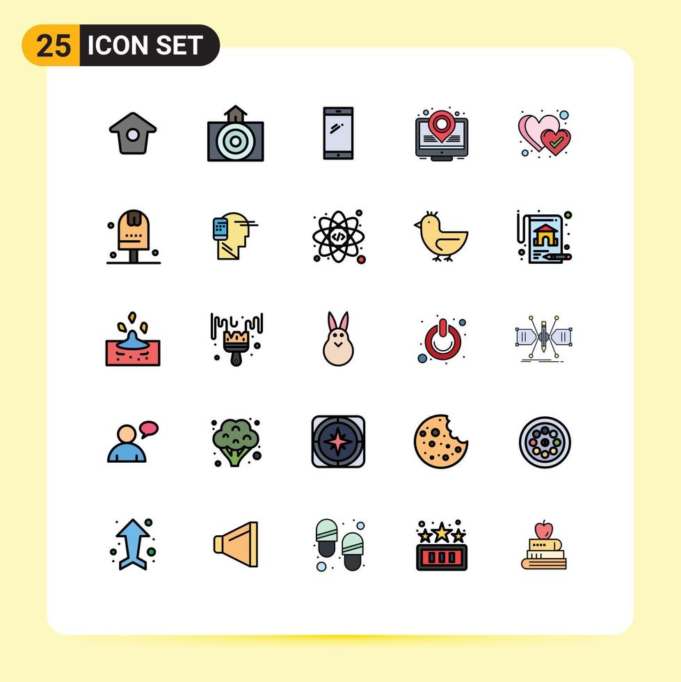 Universal Icon Symbols Group of 25 Modern Filled line Flat Colors of like favorite smart phone place holder heat map Editable Vector Design Elements