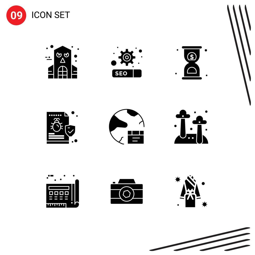 Group of 9 Modern Solid Glyphs Set for develop app timer virus folder Editable Vector Design Elements