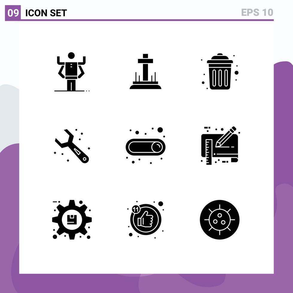 Pack of 9 Modern Solid Glyphs Signs and Symbols for Web Print Media such as switch wrench dustbin tools adjustable Editable Vector Design Elements