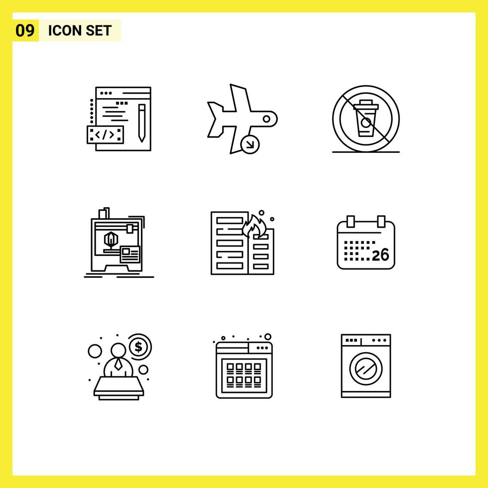 Stock Vector Icon Pack of 9 Line Signs and Symbols for burning printer and machine restaurant Editable Vector Design Elements