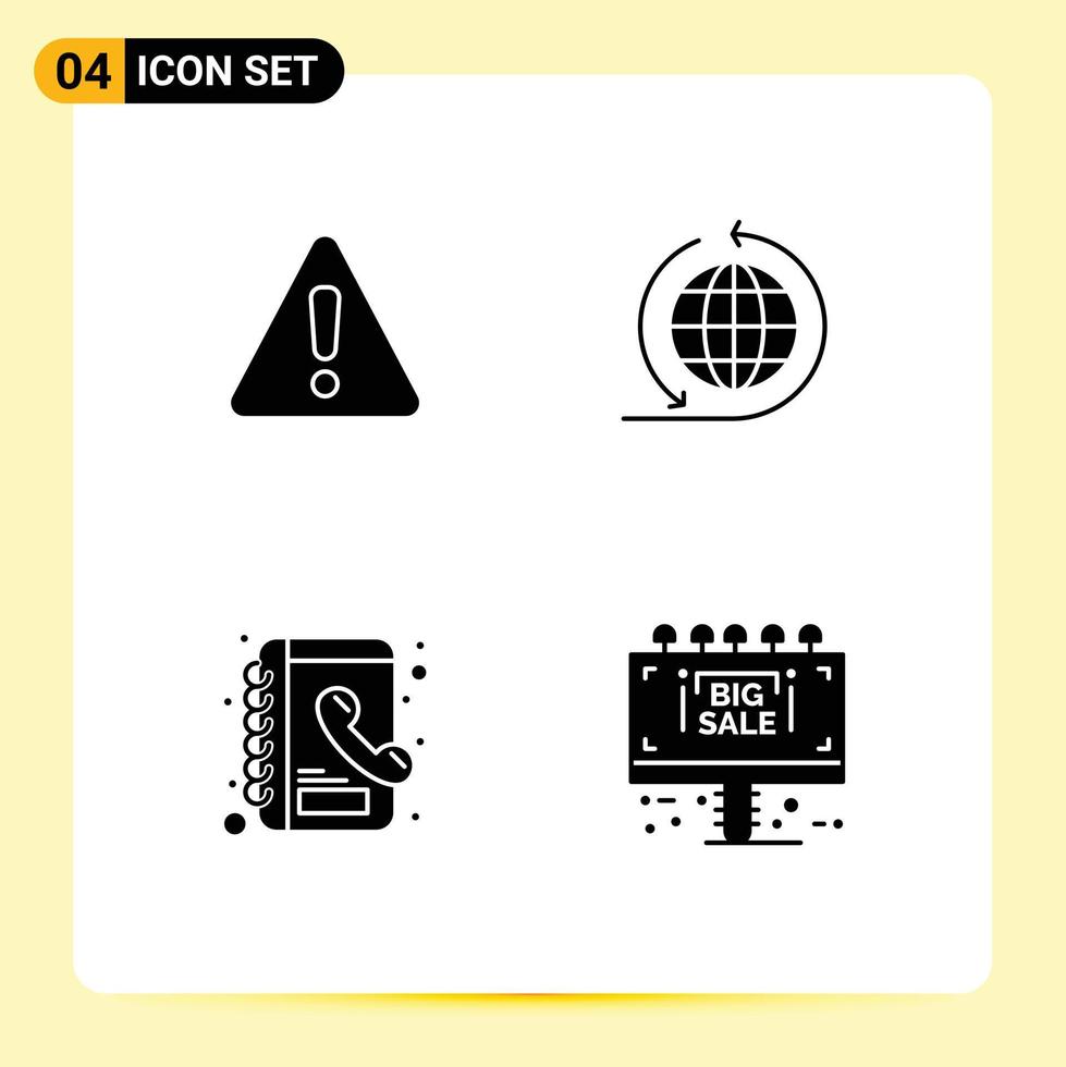 Solid Glyph Pack of 4 Universal Symbols of alert phone book sign global info board Editable Vector Design Elements