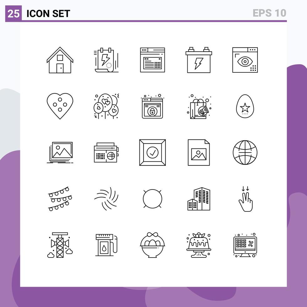 Pack of 25 Modern Lines Signs and Symbols for Web Print Media such as electric accumulator bolt text web Editable Vector Design Elements