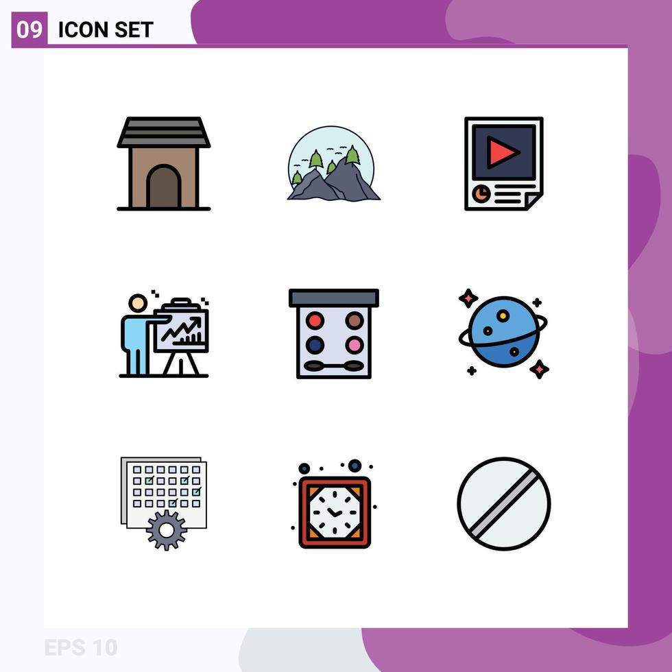 Universal Icon Symbols Group of 9 Modern Filledline Flat Colors of chart arrow mountain report paper Editable Vector Design Elements