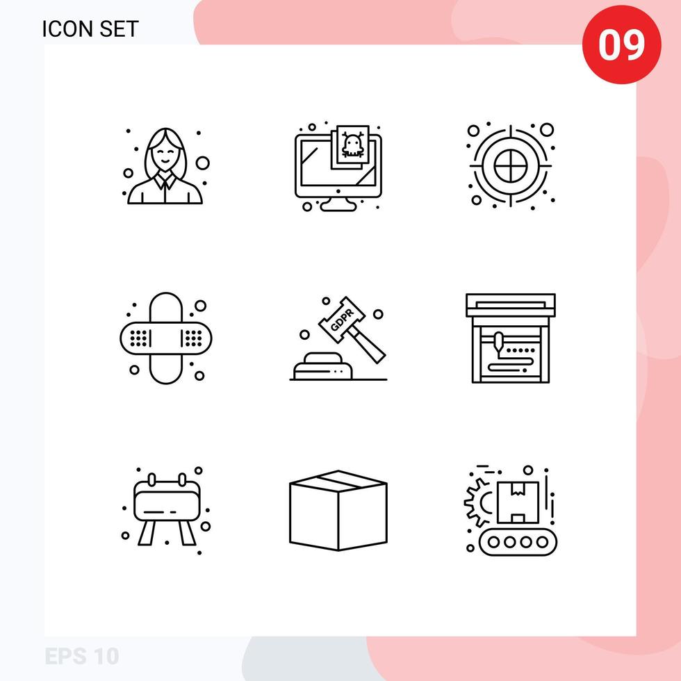 Modern Set of 9 Outlines Pictograph of justice enforcement archery arrow medical bandage Editable Vector Design Elements