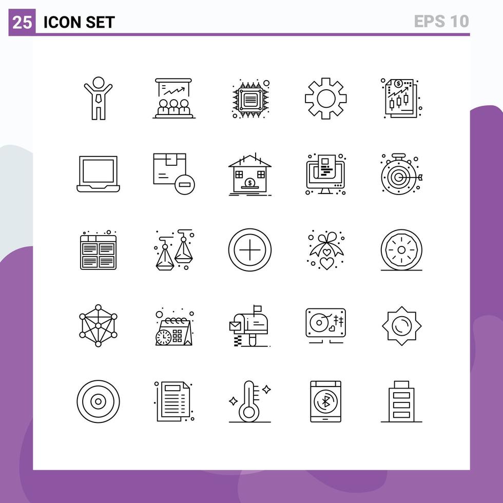 User Interface Pack of 25 Basic Lines of global gear marketing setting smart Editable Vector Design Elements