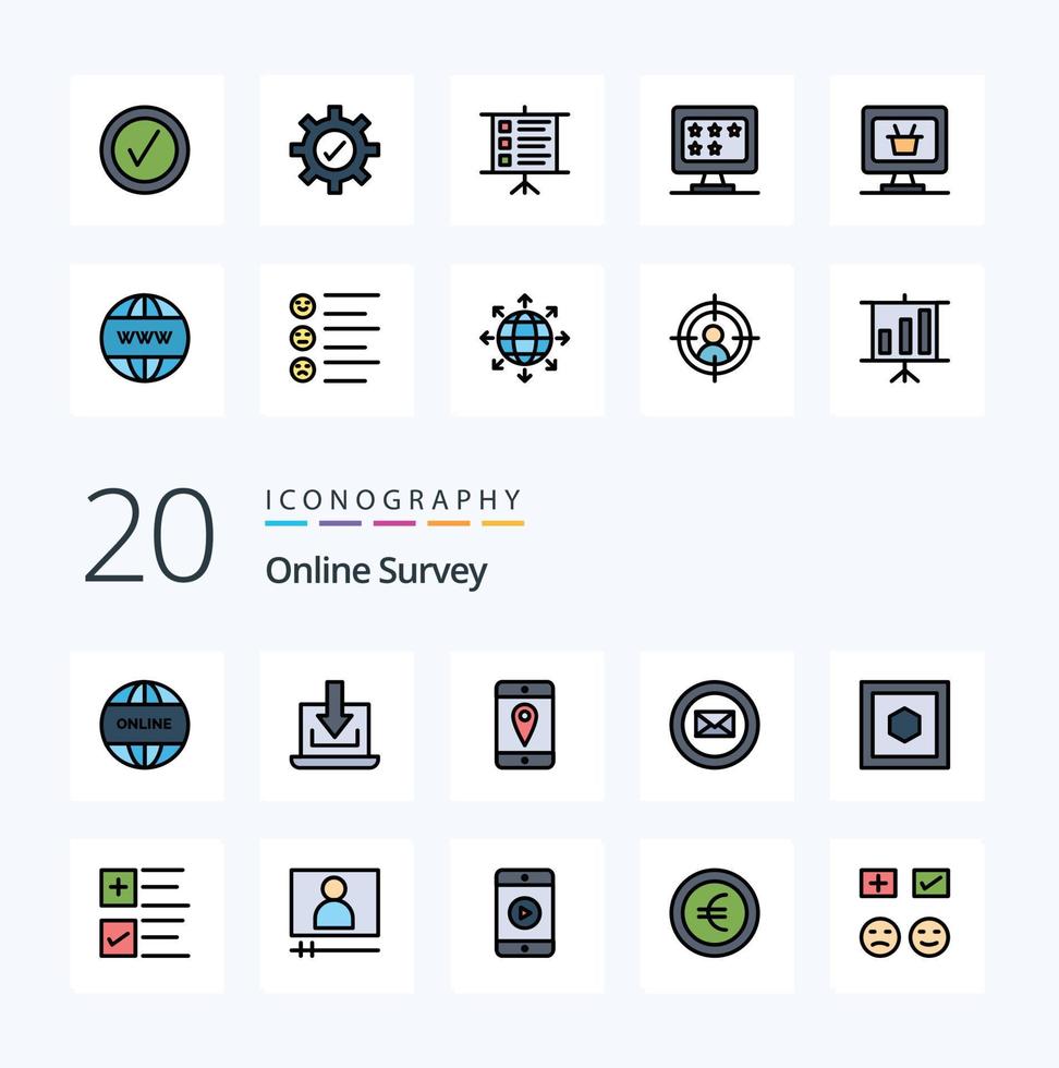 20 Online Survey Line Filled Color icon Pack like text shape mobile hexagon business vector