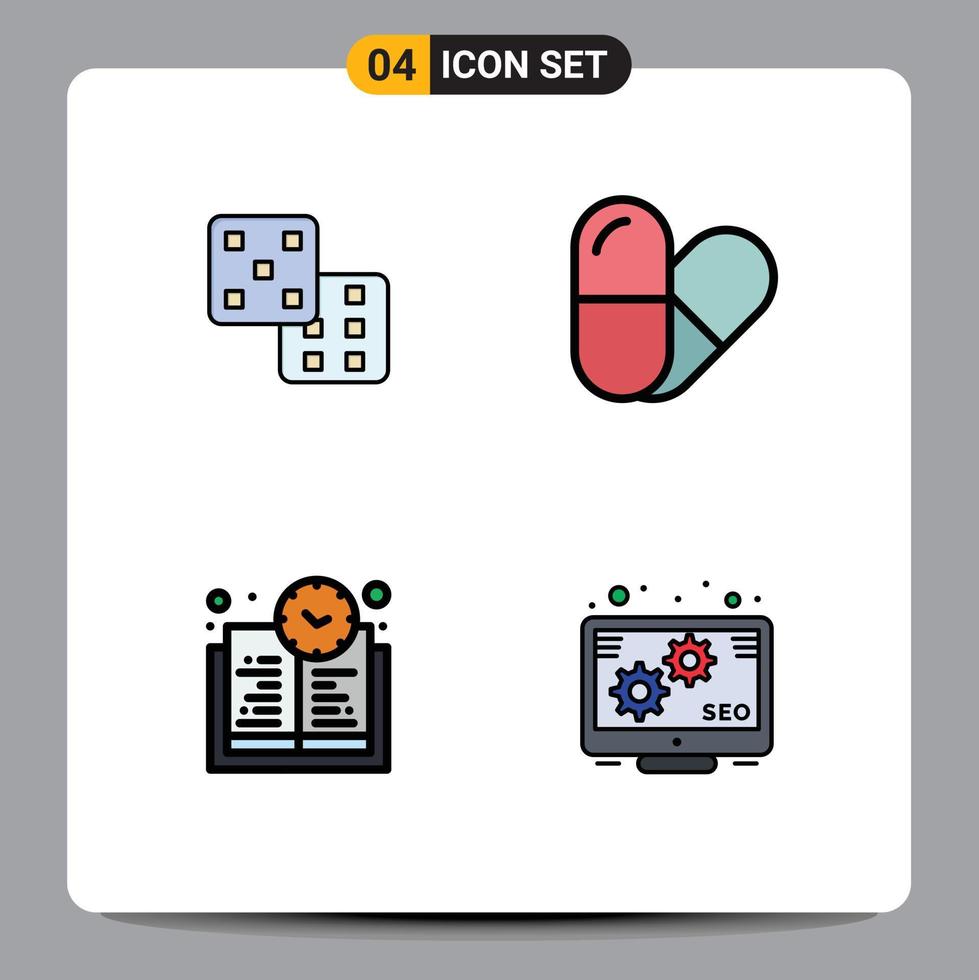 Modern Set of 4 Filledline Flat Colors Pictograph of dice promotion pill education time 93 Editable Vector Design Elements