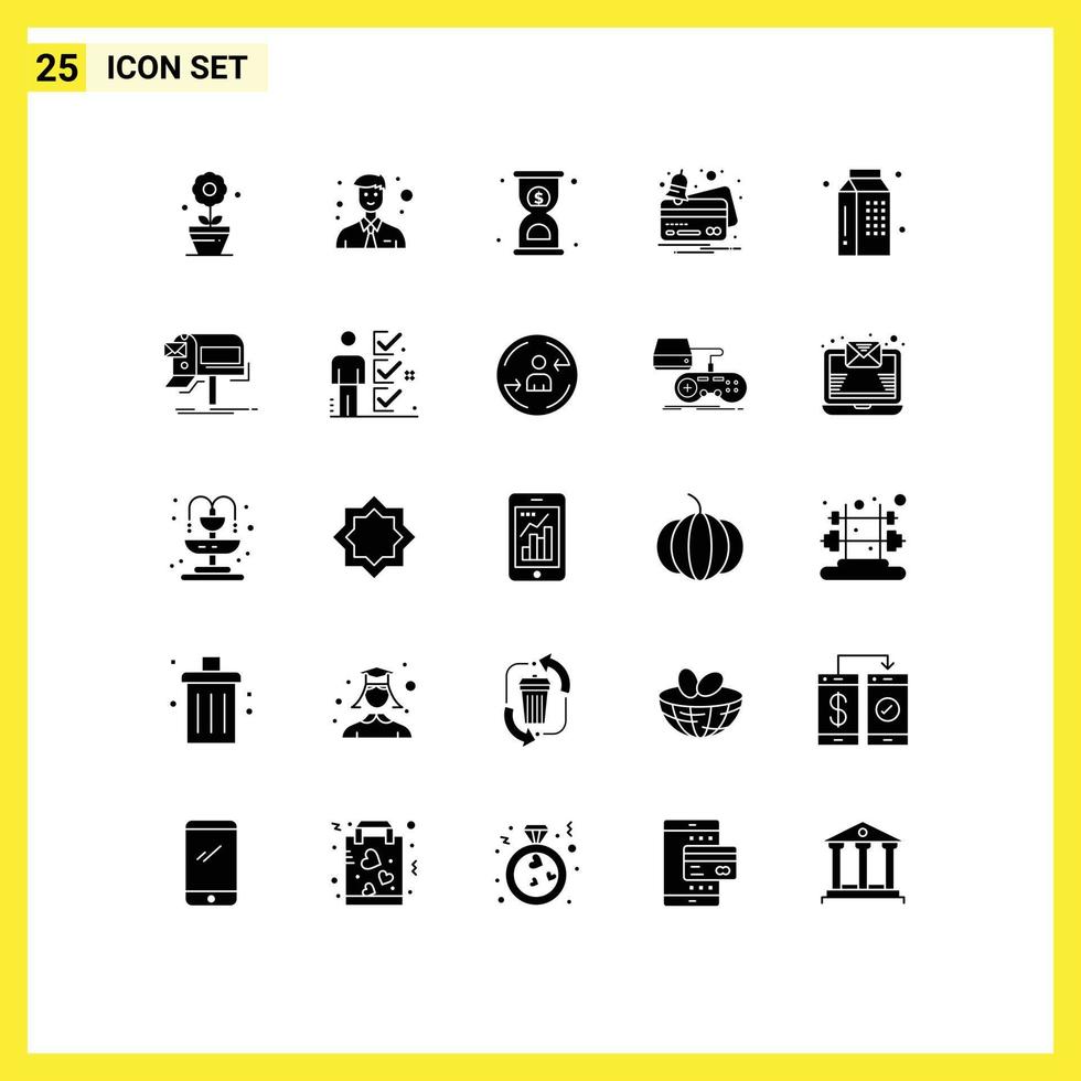 25 Universal Solid Glyph Signs Symbols of meal drinks timer cooking notification Editable Vector Design Elements