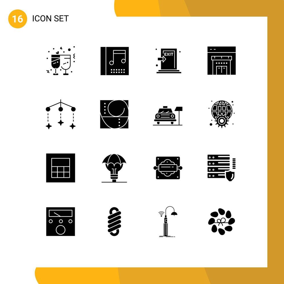 Pack of 16 Modern Solid Glyphs Signs and Symbols for Web Print Media such as sleep baby escape shopping online Editable Vector Design Elements