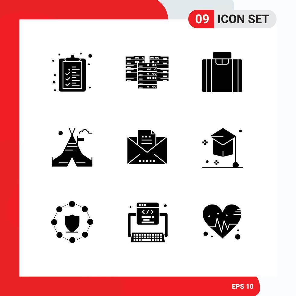 Pictogram Set of 9 Simple Solid Glyphs of email copy briefcase american tent Editable Vector Design Elements