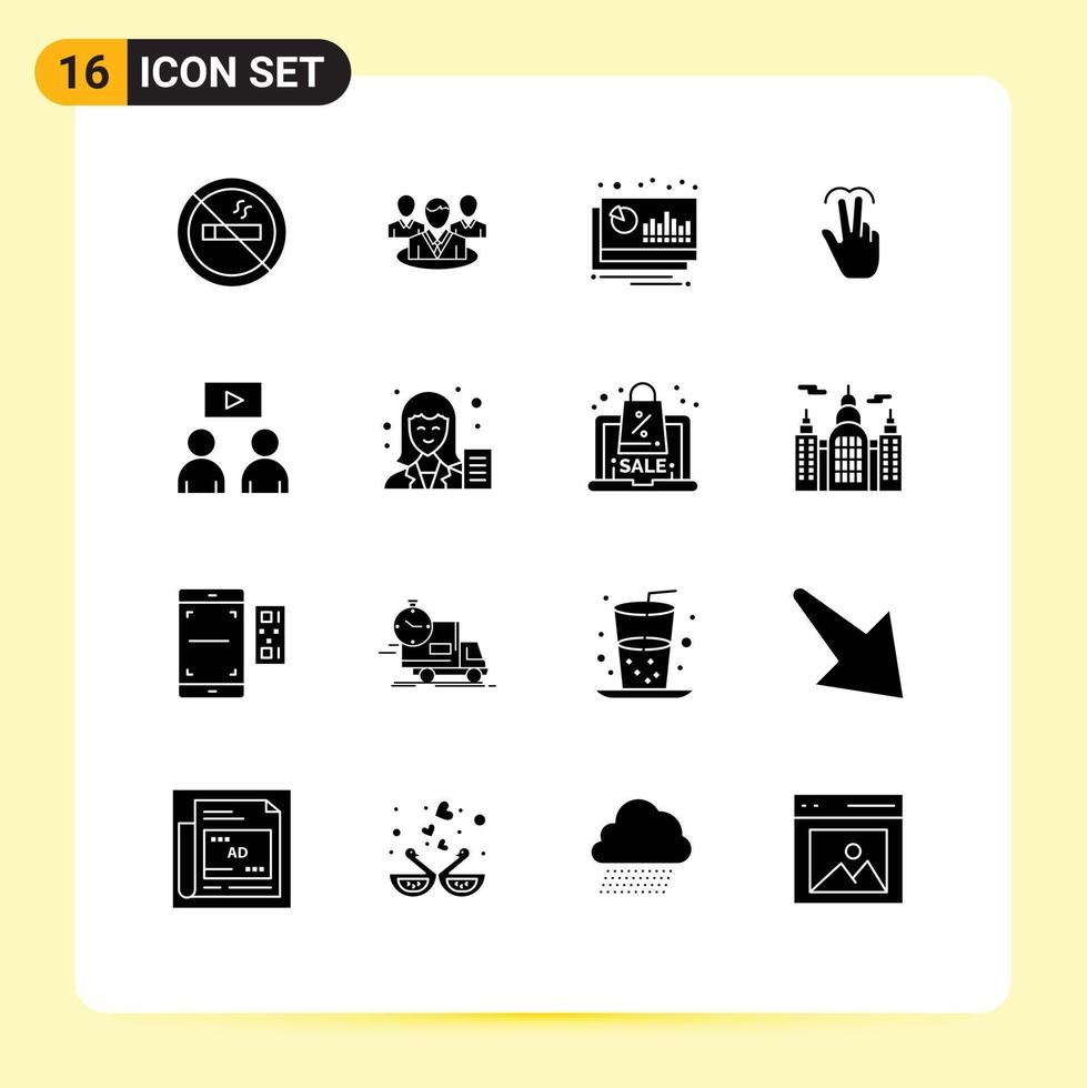 16 User Interface Solid Glyph Pack of modern Signs and Symbols of man touch chart mobile gestures Editable Vector Design Elements