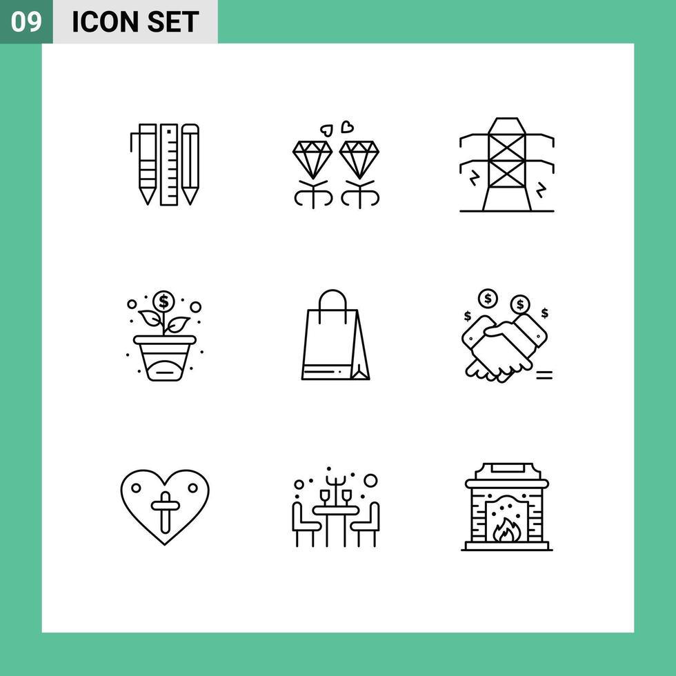 Set of 9 Vector Outlines on Grid for shopping investment mom growth tower Editable Vector Design Elements