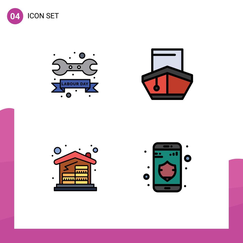 4 Universal Filledline Flat Colors Set for Web and Mobile Applications badge vehicles wrench filled home mortgage Editable Vector Design Elements