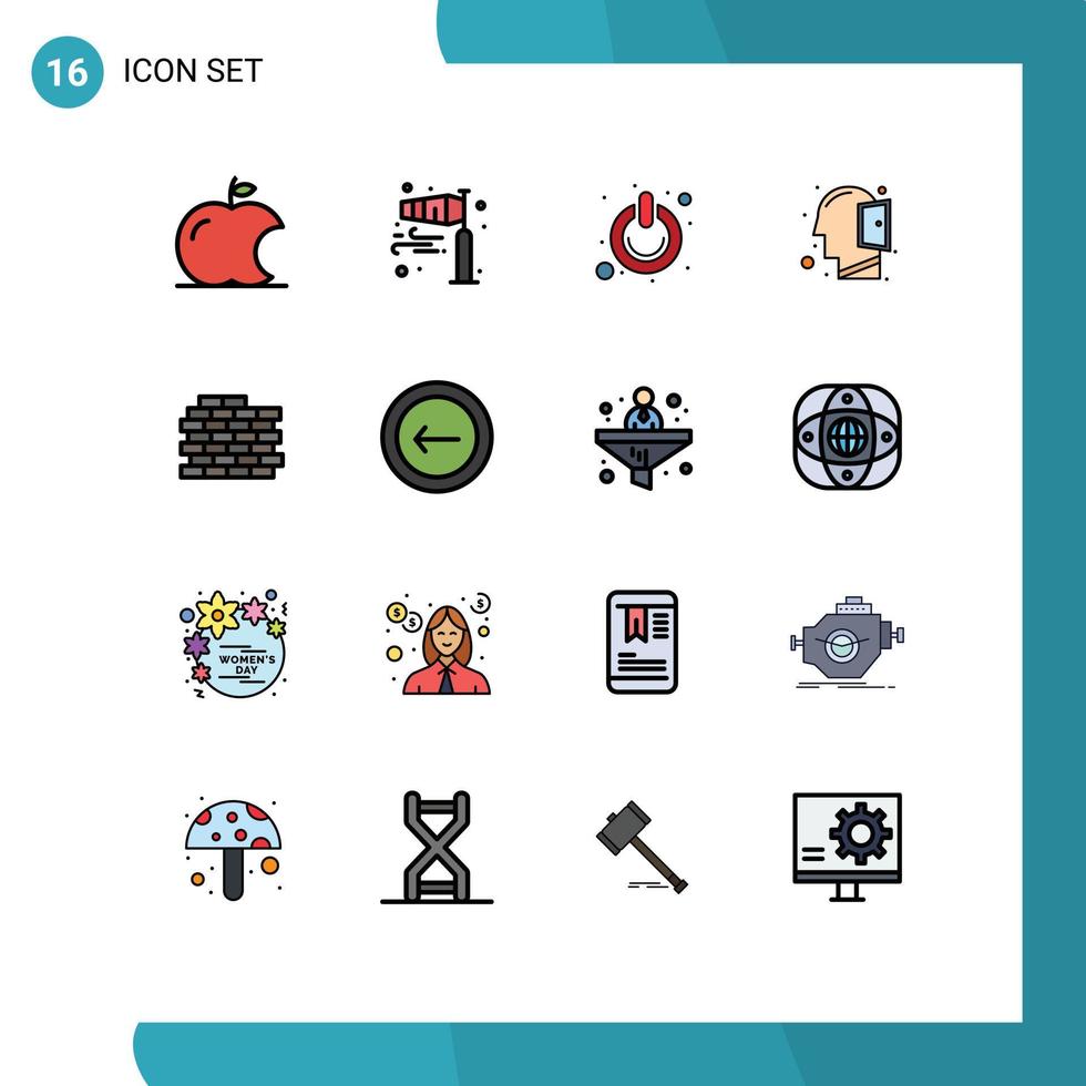 16 Universal Flat Color Filled Line Signs Symbols of wall open mind button mind switch Editable Creative Vector Design Elements