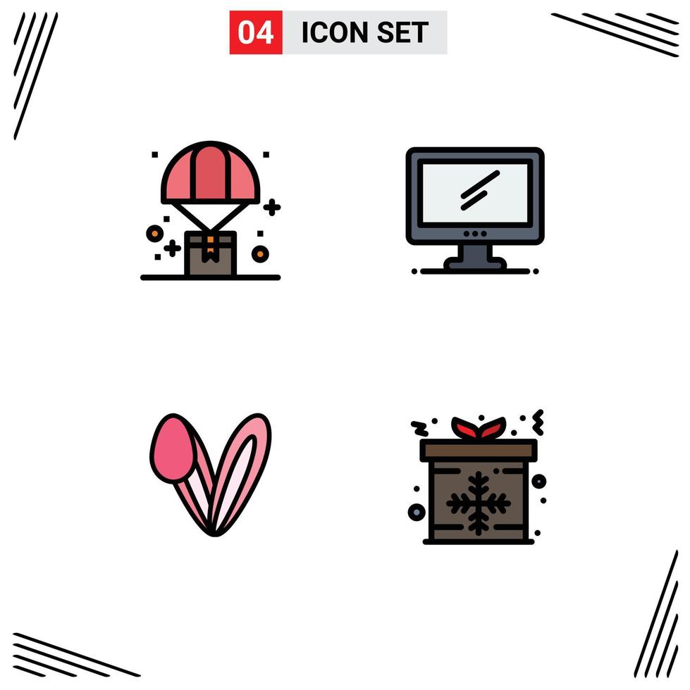Modern Set of 4 Filledline Flat Colors Pictograph of balloon pc parachute monitor bunny Editable Vector Design Elements