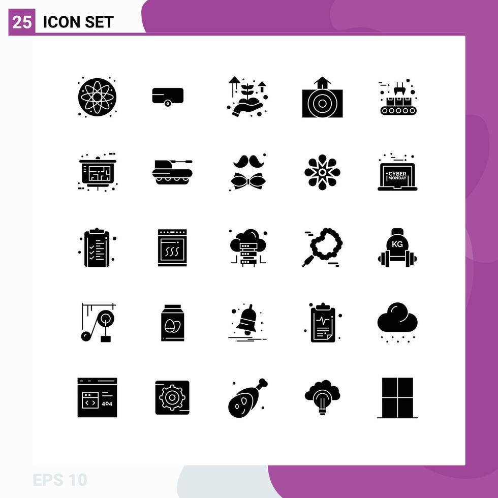 Solid Glyph Pack of 25 Universal Symbols of architect production hand conveyor belt weather Editable Vector Design Elements