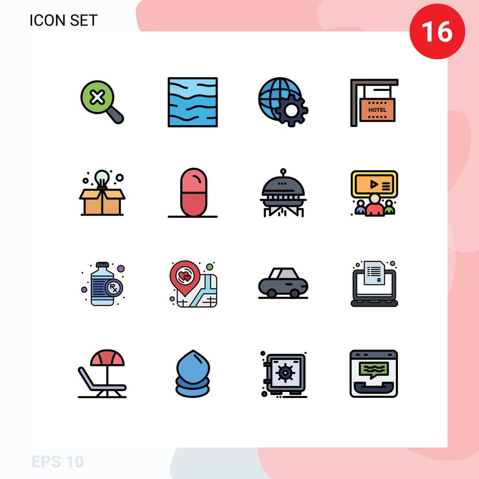 Modern Set of 16 Flat Color Filled Lines Pictograph of box education control hotel hanging Editable Creative Vector Design Elements