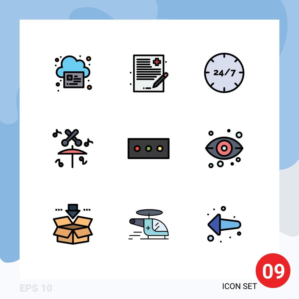 9 Universal Filledline Flat Color Signs Symbols of security multimedia all day music service Editable Vector Design Elements