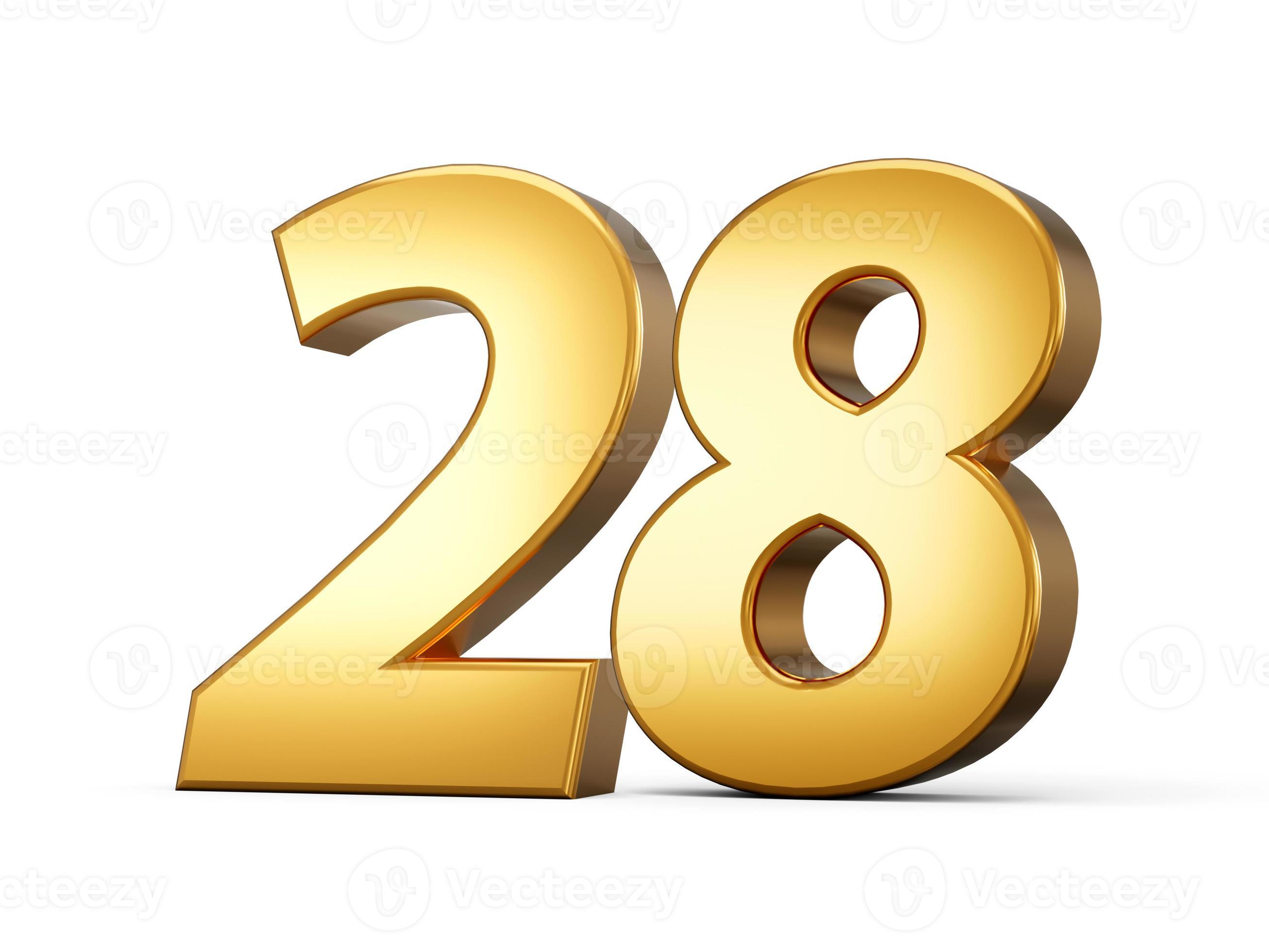 Golden metallic Number 28 twenty eight, White background 3d ...