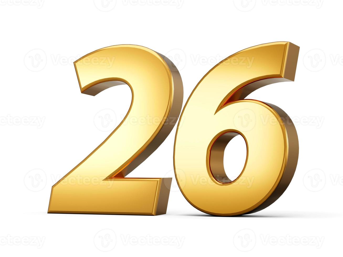 Golden metallic Number 26 twenty six , White background 3d illustration photo