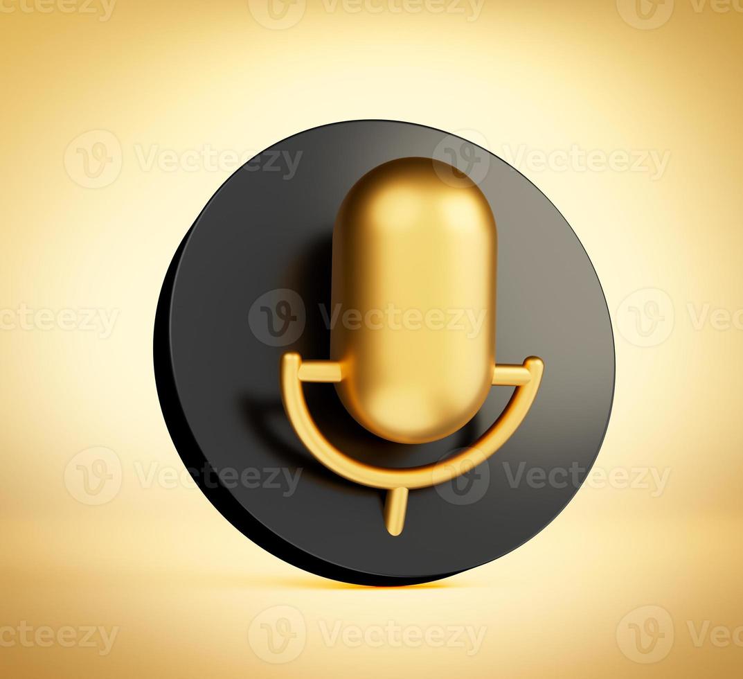 3d Mic icon illustration, microphone gold on black circle 3d illustration photo