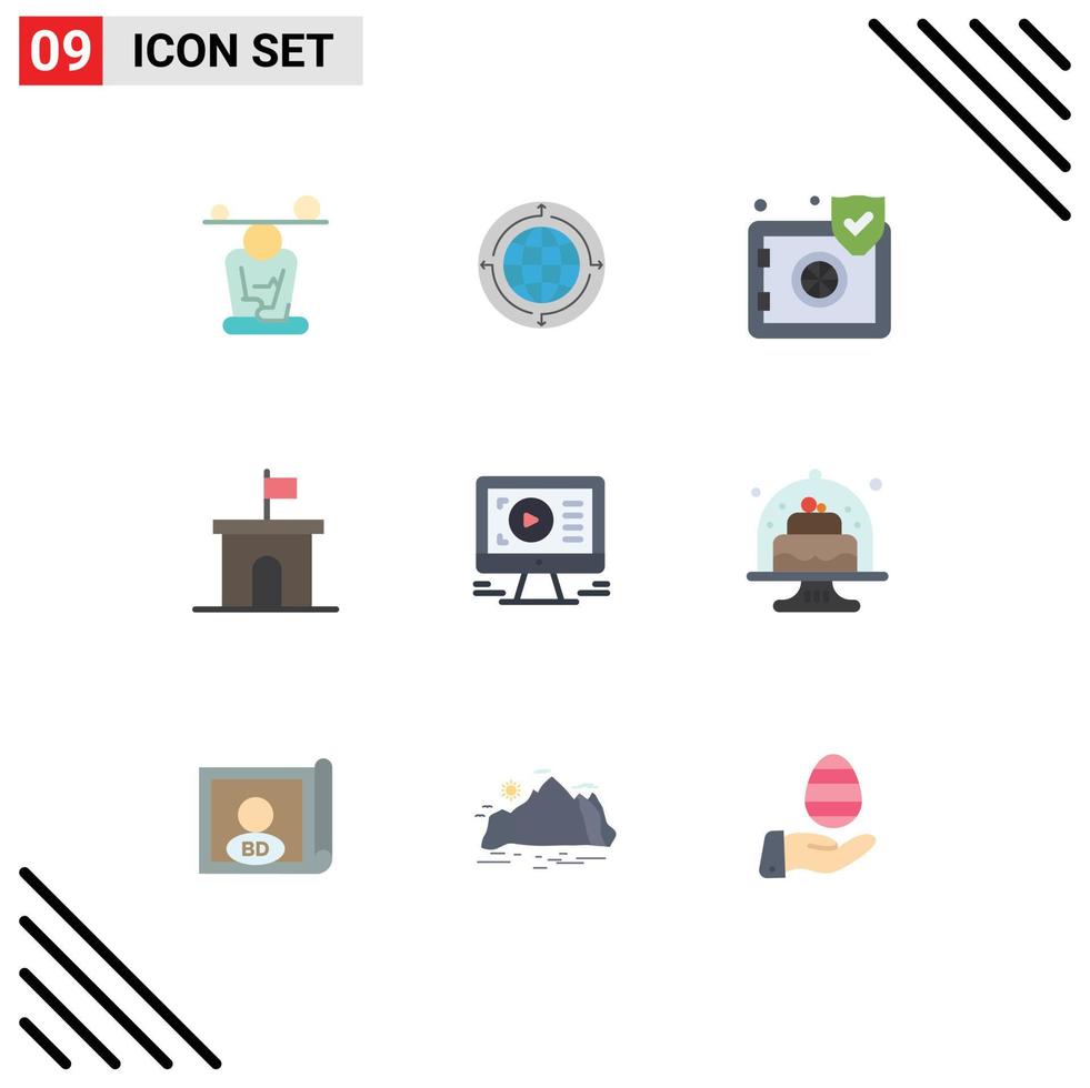 Set of 9 Vector Flat Colors on Grid for flag architecture connection security protect Editable Vector Design Elements