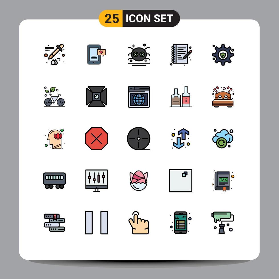 Set of 25 Modern UI Icons Symbols Signs for gear insurance note book holiday write hobbies Editable Vector Design Elements