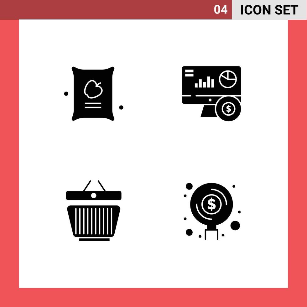 4 Universal Solid Glyphs Set for Web and Mobile Applications farming retail bag graph cart Editable Vector Design Elements