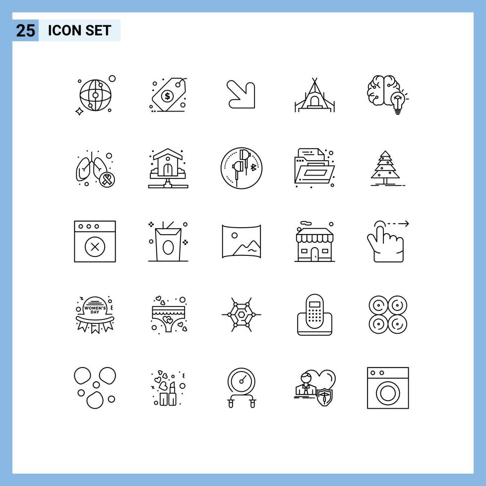 Mobile Interface Line Set of 25 Pictograms of bulb brain down business tent Editable Vector Design Elements