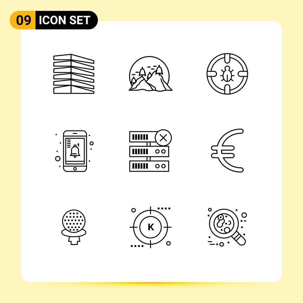 9 Universal Outline Signs Symbols of reminder mobile mountain security network Editable Vector Design Elements