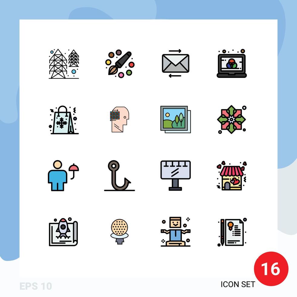 Mobile Interface Flat Color Filled Line Set of 16 Pictograms of flake bag message screen computer Editable Creative Vector Design Elements