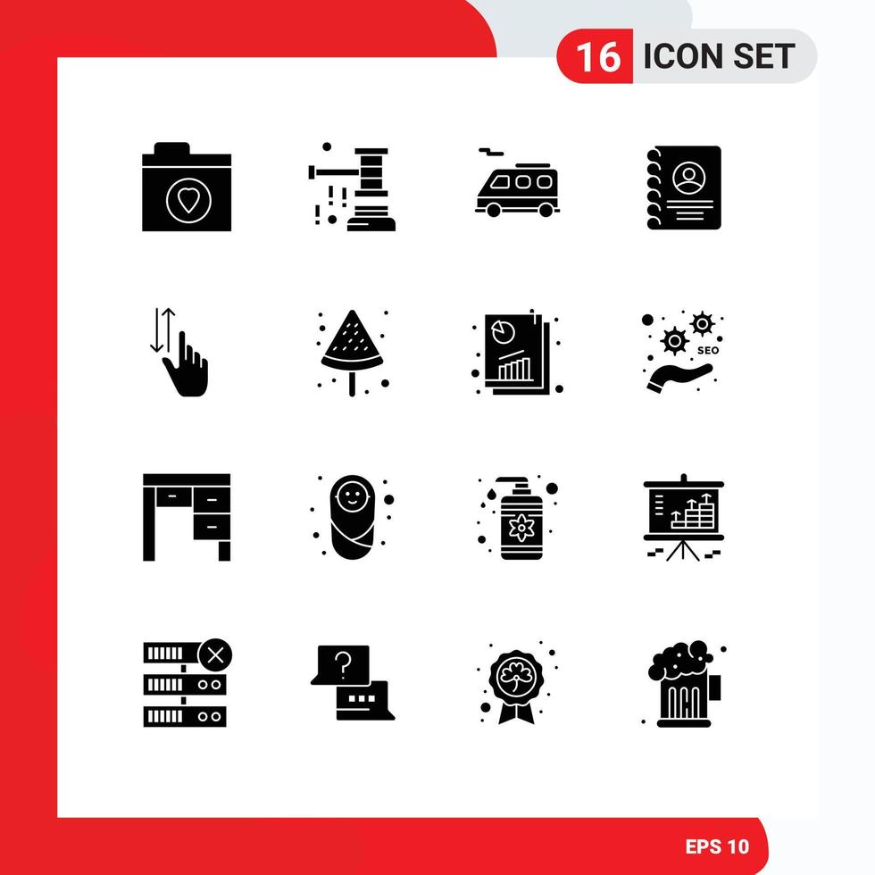 16 Solid Glyph concept for Websites Mobile and Apps hand finger bus phone book Editable Vector Design Elements
