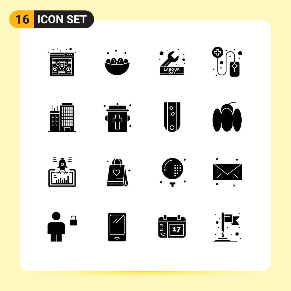 Mobile Interface Solid Glyph Set of 16 Pictograms of building pharmaceutical nest online repair Editable Vector Design Elements