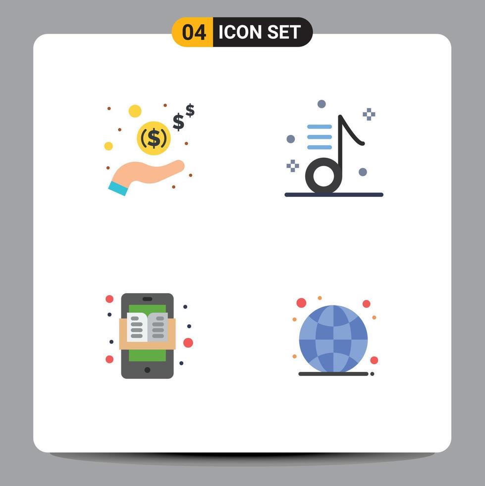 Set of 4 Vector Flat Icons on Grid for hand education cash musical learning apps Editable Vector Design Elements