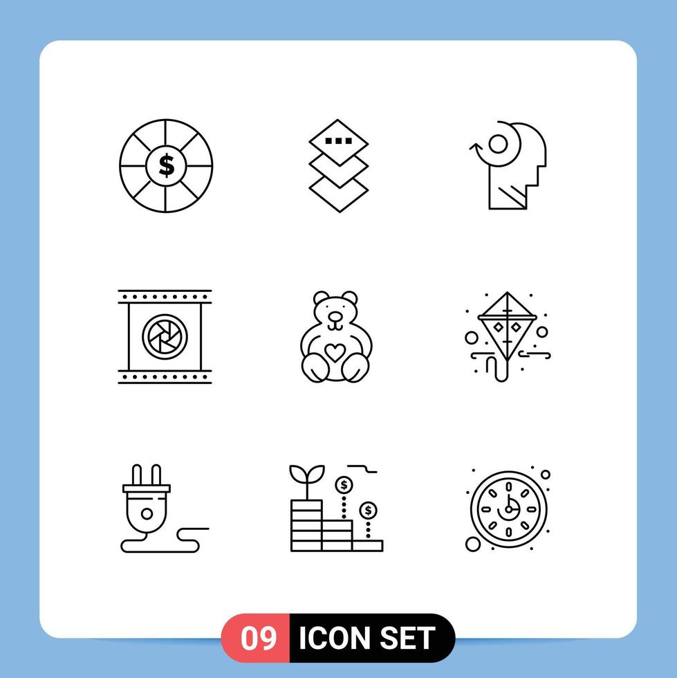 9 User Interface Outline Pack of modern Signs and Symbols of loving hearts your special photographic lenses Editable Vector Design Elements