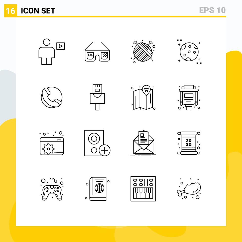 Mobile Interface Outline Set of 16 Pictograms of phone space usa moon yarn Editable Vector Design Elements