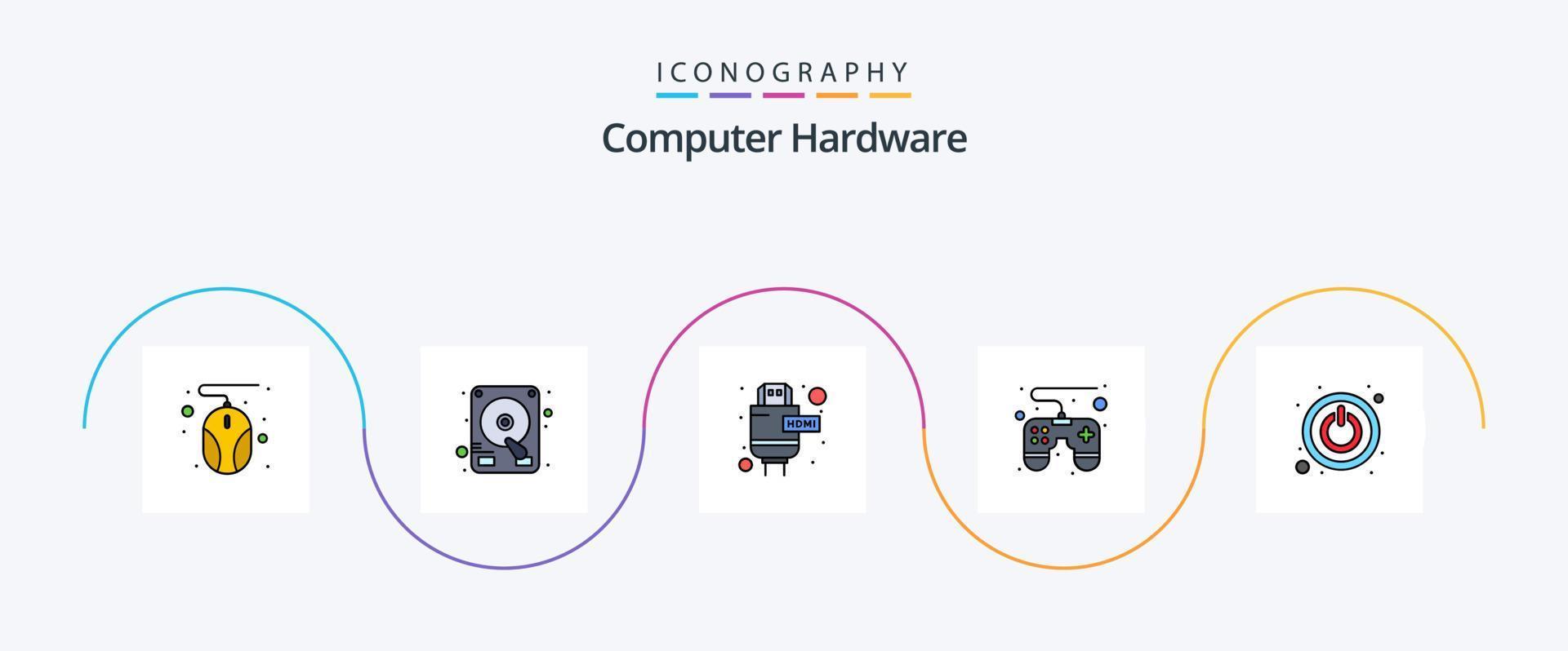 Computer Hardware Line Filled Flat 5 Icon Pack Including . hdmi. switch. power vector