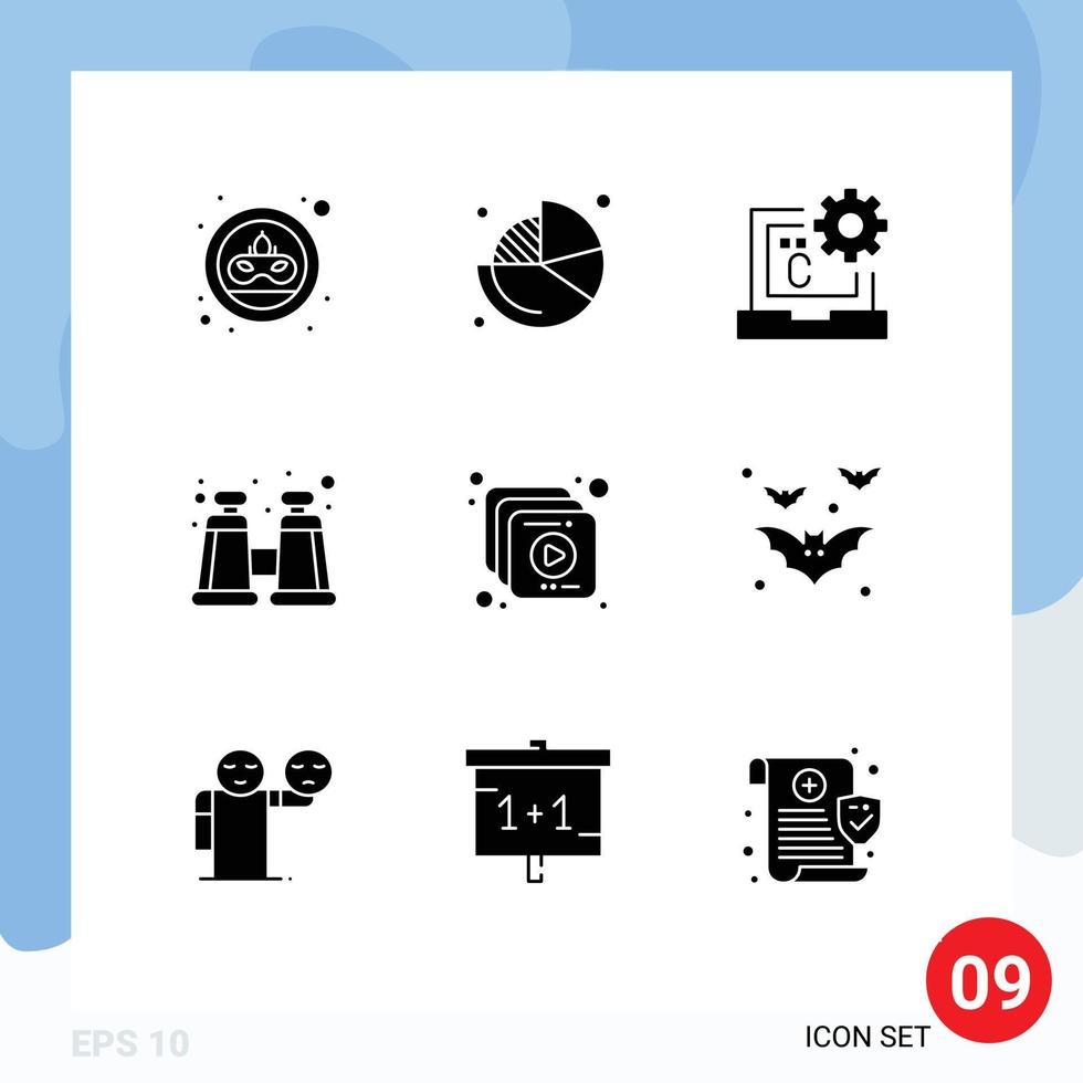 Group of 9 Solid Glyphs Signs and Symbols for multimedia spyglass c explore development Editable Vector Design Elements
