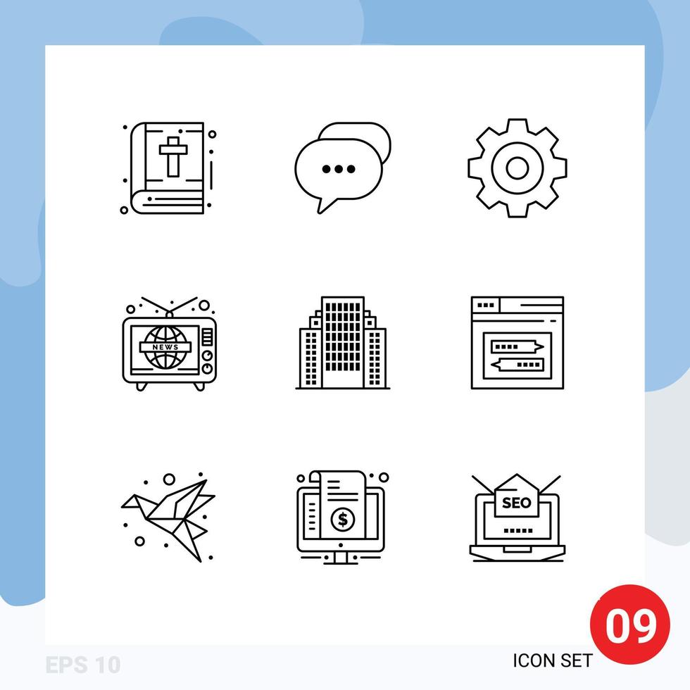 Group of 9 Modern Outlines Set for building address create world wide television Editable Vector Design Elements
