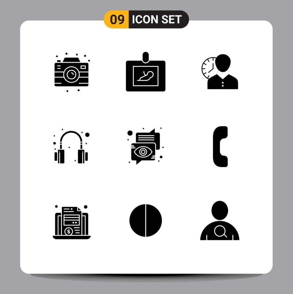 9 Universal Solid Glyph Signs Symbols of headphones user clock timing schedule Editable Vector Design Elements