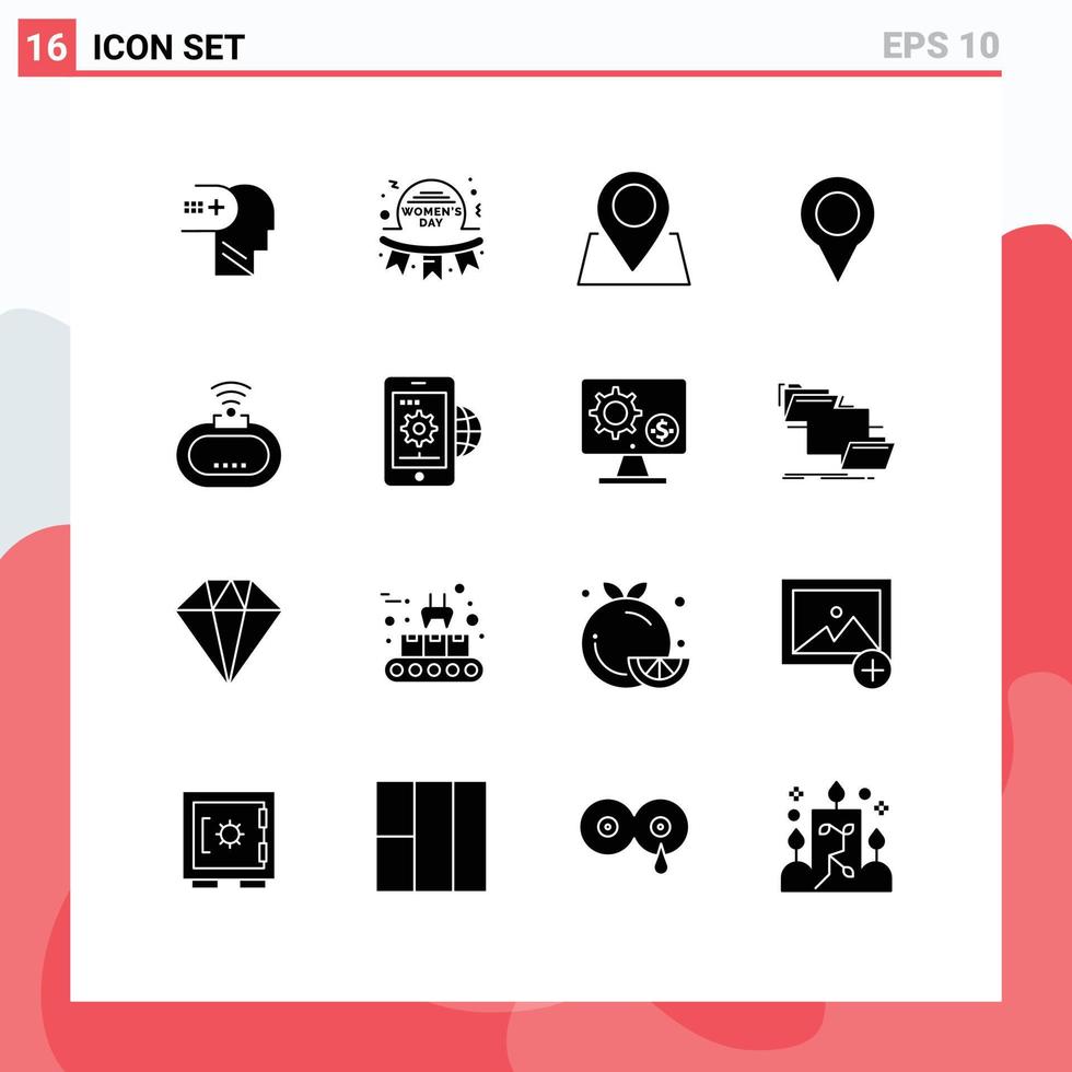 Group of 16 Modern Solid Glyphs Set for security pin badge marker location Editable Vector Design Elements