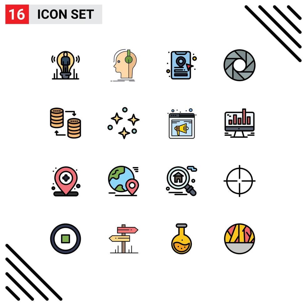 Pack of 16 Modern Flat Color Filled Lines Signs and Symbols for Web Print Media such as server multimedia producer lens location pin Editable Creative Vector Design Elements