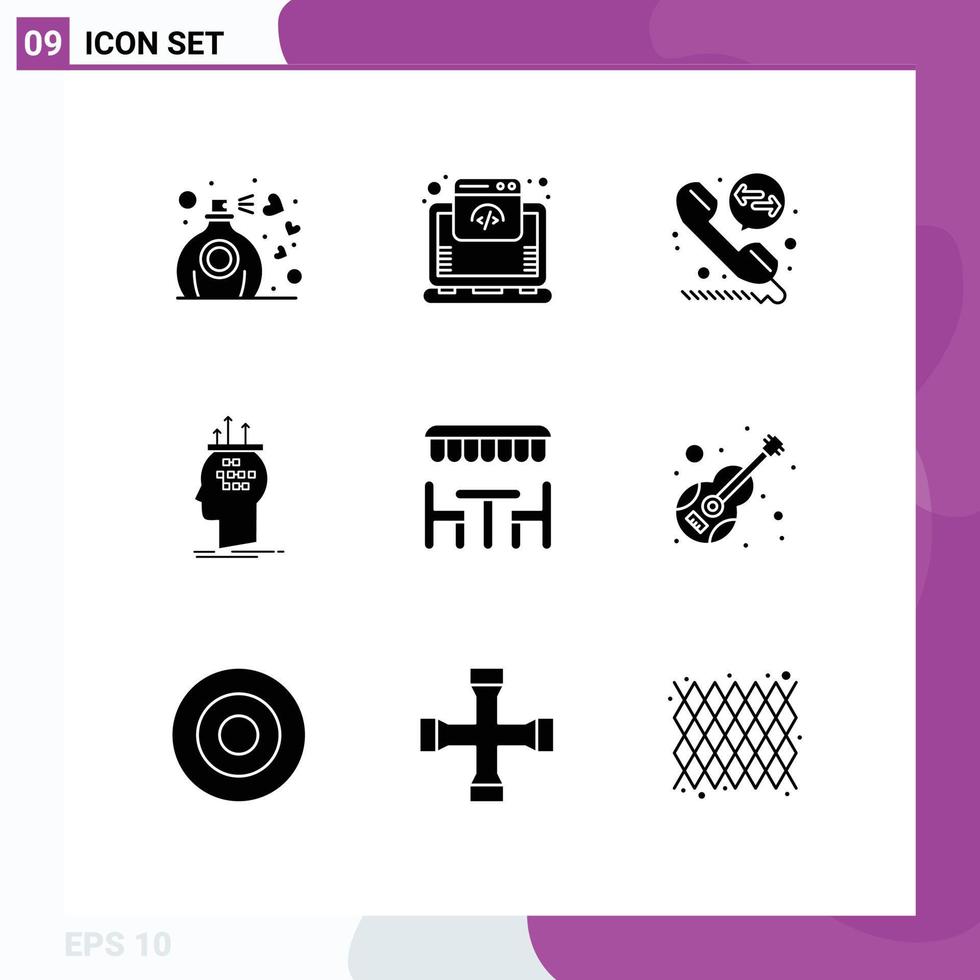Editable Vector Line Pack of 9 Simple Solid Glyphs of dinner thinking call deflection process brain Editable Vector Design Elements