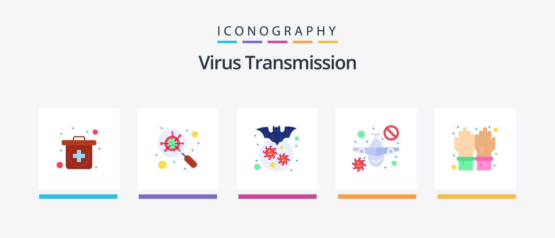 virus transmisión plano 5 5 icono paquete incluso mano. advertencia. murciélago. viajar. avión. creativo íconos diseño vector