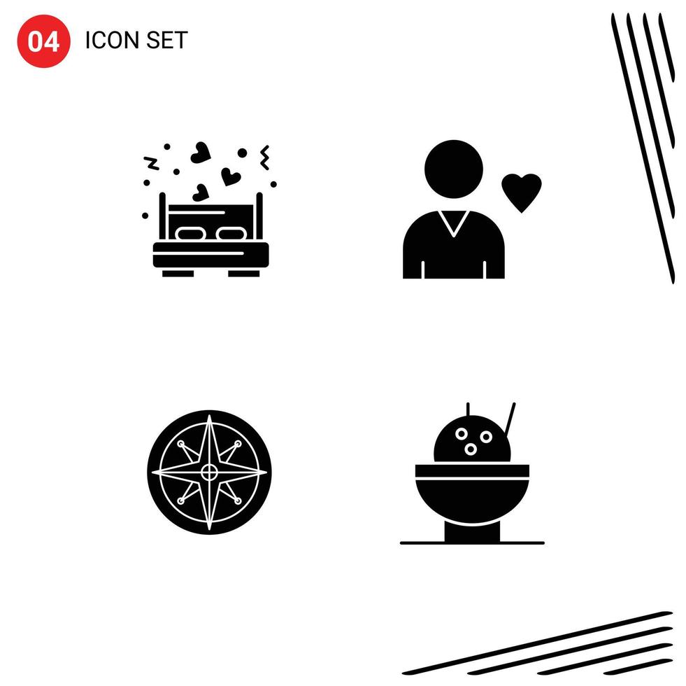 Group of 4 Solid Glyphs Signs and Symbols for bed navigation love bed heart position Editable Vector Design Elements